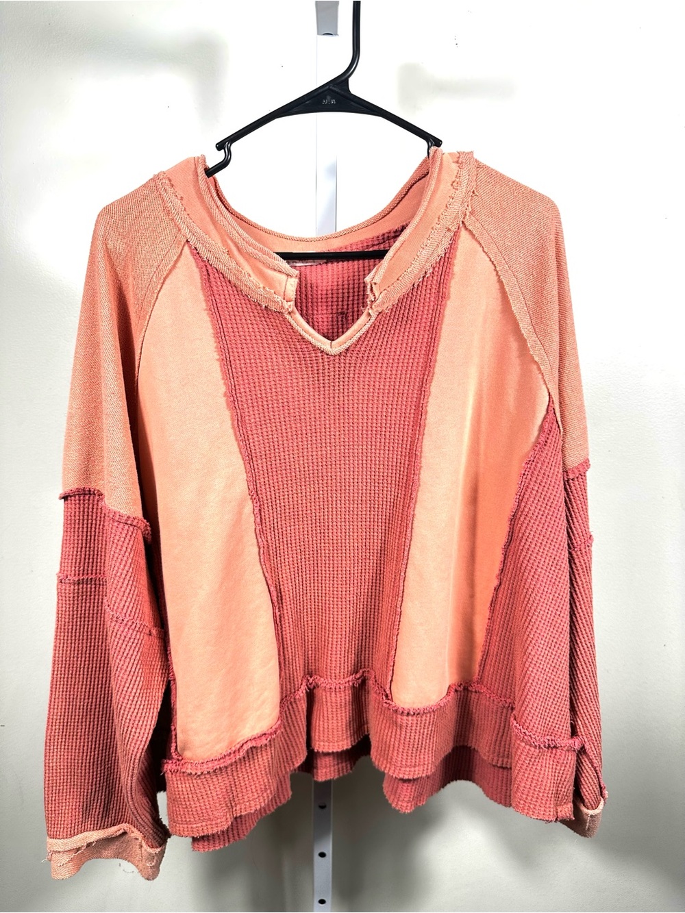 N70. POL- Coral Patchwork Waffle Pullover Sweatshirt ptp 32”